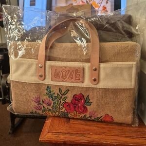Brighton Beige Canvas Floral TOTE Leather Hand Name Plate LOVE BACK IS BRIGHTON
